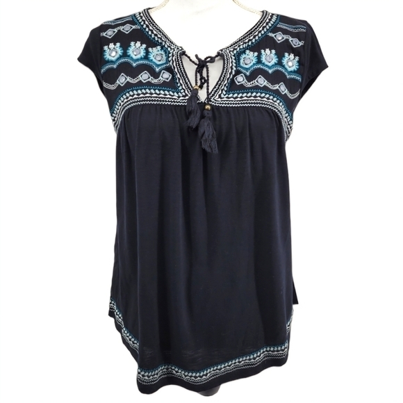 Hollister Tops - Holister black blouse with blue embroidery and rhinestones size s